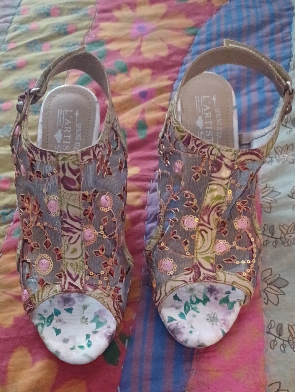 L'ATISTE Multicolor Floral Embellished Gold Accent Heels